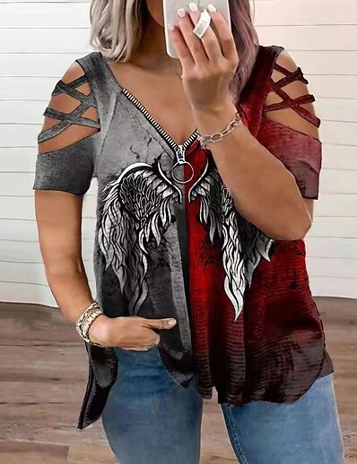 cheap Women&#039;s Tops-Women&#039;s Plus Size Tops T shirt Multi Color Feathers Sleeveless Hollow Out Zipper Casual V Neck Cotton Causal Daily Spring Summer Cross short sleeves-black and white wings Cross short sleeve-red and