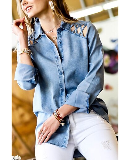 cheap Women&#039;s Tops-Women&#039;s Blouse Plain Shirt Collar Casual Tops Light Blue