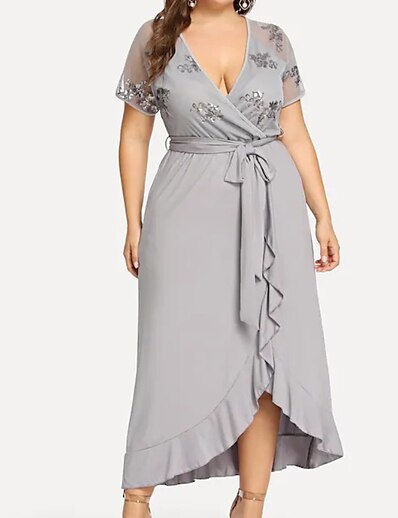 cheap Plus size-Women&#039;s Plus Size Solid Color A Line Dress Mesh V Neck Short Sleeve Casual Prom Dress Spring Summer Causal Daily Maxi long Dress Dress / Party Dress