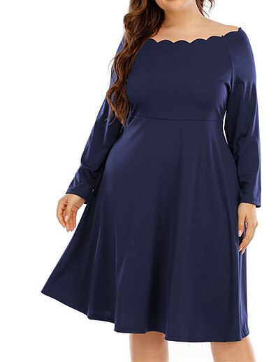 cheap Plus size-Women&#039;s Plus Size Solid Color A Line Dress Off Shoulder Long Sleeve Casual Prom Dress Fall Spring Causal Daily Knee Length Dress Dress / Party Dress