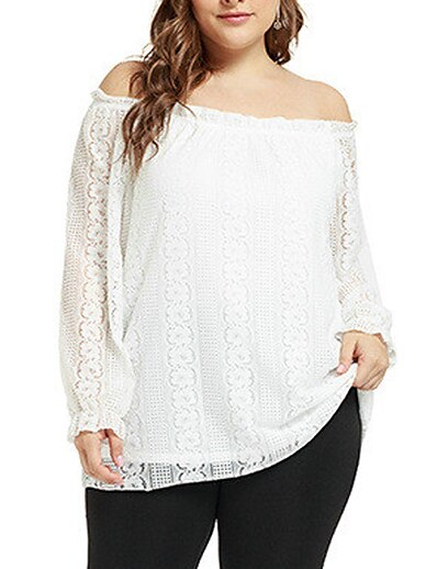 cheap Plus size-Women&#039;s Plus Size Tops Blouse Shirt Plain Long Sleeve Lace Basic Streetwear Off Shoulder Nylon Daily Going out Spring Summer White