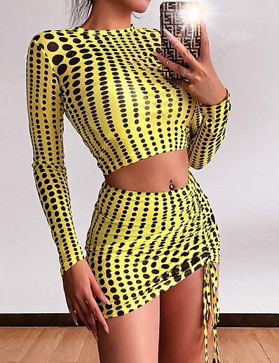 cheap Two Piece Set-Women&#039;s Sexy Streetwear Polka Dot Casual Daily Two Piece Set Skirt Mini Skirt A-Line Skirt Crop Top Skirt Sets Ruched Drawstring Print Tops