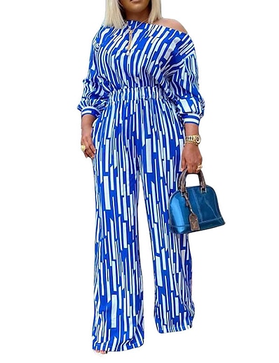 cheap Plus Size Jumpsuits-Women&#039;s Plus Size Jumpsuit Print Long Sleeve Striped Fall Spring Two Piece Streetwear Black Blue Red L XL XXL 3XL 4XL / Crew Neck