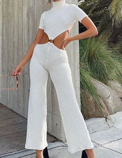 cheap Jumpsuits &amp; Rompers-Women&#039;s Jumpsuit Solid Color Cut Out Casual Turtleneck Daily Wear Weekend Long Sleeve Regular Fit White Wine S M L Fall