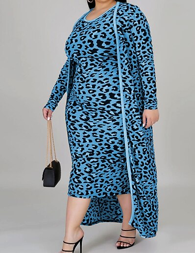 cheap Plus size-Women&#039;s Plus Size Leopard Two Piece Dress Ruched Round Neck Long Sleeve Casual Spring Summer Daily Vacation Maxi long Dress Dress