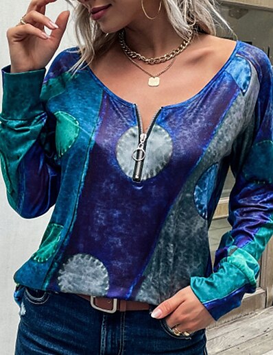 cheap Women&#039;s Tops-Women&#039;s T shirt Color Block V Neck Print Basic Tops Blue Purple Fuchsia