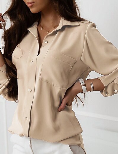 cheap Women&#039;s Tops-Women&#039;s Blouse Shirt Plain Shirt Collar Pocket Button Casual Fashion Streetwear Tops Khaki