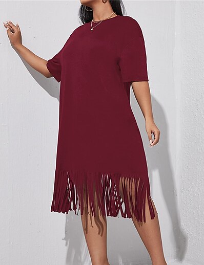 cheap Plus size-Women&#039;s Plus Size Solid Color T Shirt Dress Tee Dress Tassel Fringe Round Neck Short Sleeve Work Basic Casual Spring Summer Causal Daily Knee Length Dress Dress