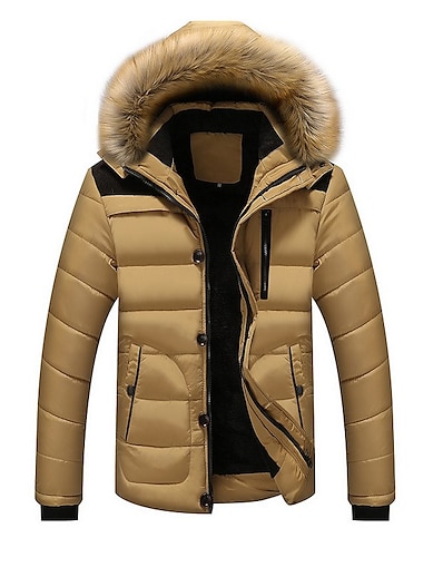 preiswerte Herren Überbekleidung-Herren Winter verdicken Mantel warme Pufferjacke mit abnehmbarer Pelzhaube (Marine, groß)