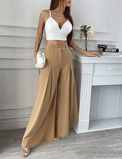 hesapli Kadın Altları-Kadın&#039;s Moda Geniş Bacak Takım Elbise Tam uzunluk Pantolon Mikro-Esnek Günlük Hafta sonu Düz Orta Bel Rahat Salaş Siyah Haki S M L XL
