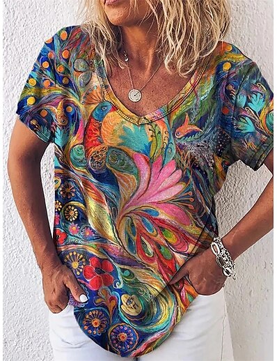 cheap Women&#039;s Tops-Women&#039;s Casual Daily T shirt Tee Short Sleeve Floral Graphic Animal V Neck Basic Ethnic Tops Rainbow S / 3D Print