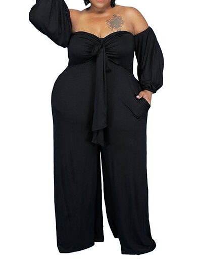 cheap Plus size-Women&#039;s Plus Size Jumpsuit Backless Long Sleeve Solid Colored Summer Streetwear Black Yellow L XL XXL 3XL 4XL / Off Shoulder