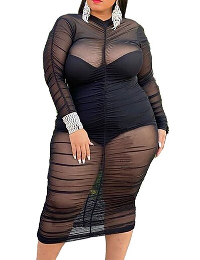 cheap Plus size-Women&#039;s Plus Size Solid Color Sheath Dress Ruched Round Neck Long Sleeve Sexy Spring Causal Daily Midi Dress Dress / Mesh