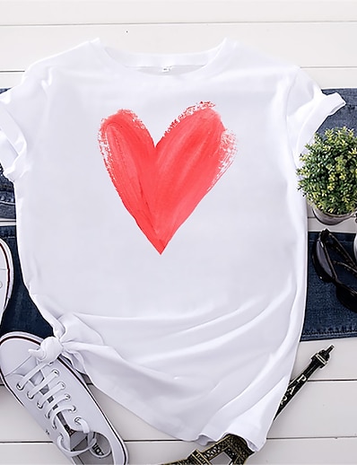 cheap Women&#039;s Tops-Women&#039;s Daily Valentine&#039;s Day Weekend T shirt Tee Valentine&#039;s Day Couple Short Sleeve Graphic Heart Round Neck Print Basic Tops 100% Cotton Green White Black S