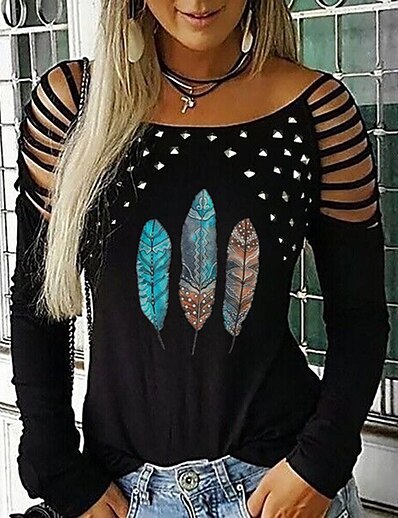 cheap Women&#039;s Tops-Women&#039;s T shirt Painting Feather Round Neck Cut Out Print Basic Tops Blue Black Purple