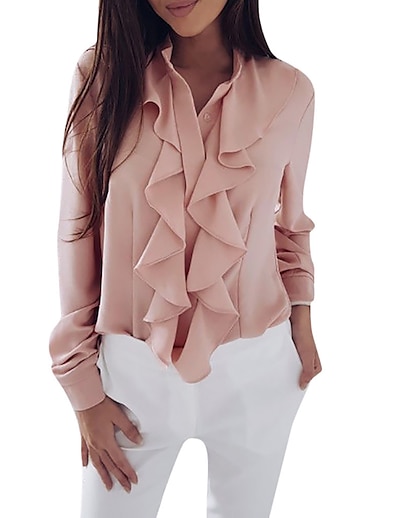 cheap Women&#039;s Tops-Women&#039;s Blouse Shirt Plain Standing Collar Ruffle Button Basic Streetwear Tops White Pink