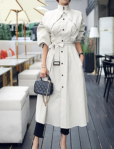 cheap Women&#039;s Outerwear-Women&#039;s Trench Coat Spring Summer Street Daily Going out Long Coat Stand Collar Breathable Regular Fit Elegant Streetwear Jacket Long Sleeve Pocket Solid Color Navy Blue Beige