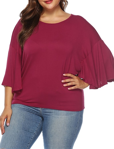cheap Plus size-Women&#039;s Plus Size Tops T shirt Plain Half Sleeve Ruffle Streetwear Crewneck Modal Daily Going out Spring Summer Black Red