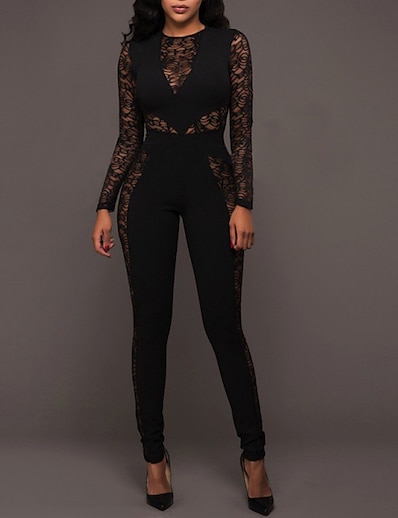 cheap Jumpsuits &amp; Rompers-Women&#039;s Jumpsuit Solid Color Lace Streetwear Crew Neck Party Party Evening Long Sleeve Regular Fit Black S M L Spring