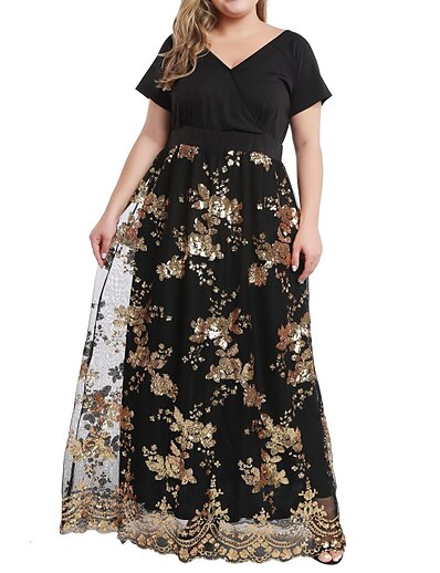 cheap Plus size-Women&#039;s Plus Size Floral A Line Dress Print V Neck Short Sleeve Casual Prom Dress Spring Summer Causal Vacation Maxi long Dress Dress / Party Dress
