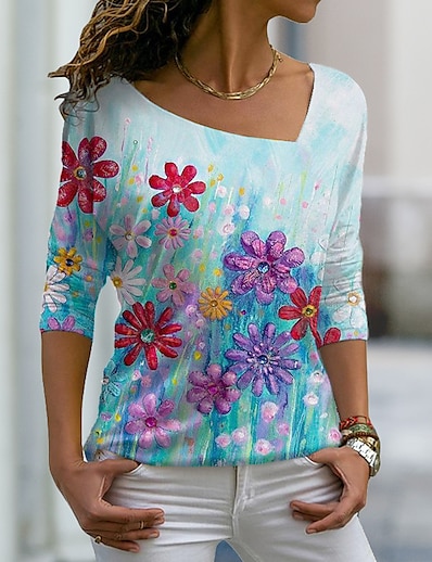 cheap Women&#039;s Tops-Women&#039;s T shirt Floral Theme Painting Floral V Neck Print Basic Tops Blue / 3D Print