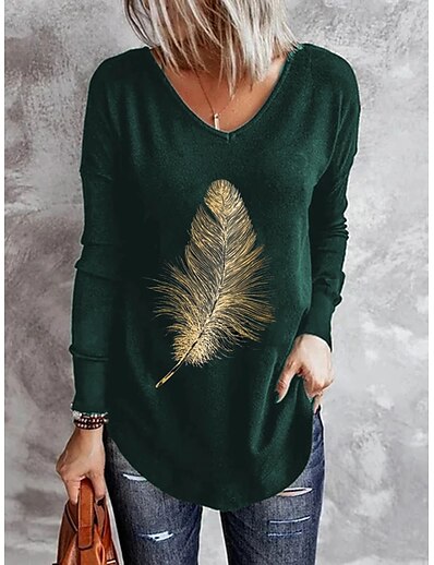 cheap Women&#039;s Tops-Women&#039;s Casual Daily T shirt Tee Long Sleeve Feather V Neck Basic Tops Green Black Blue S