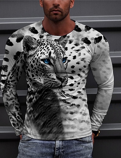 cheap Men&#039;s Tops-Men&#039;s Unisex T shirt Tee Leopard Graphic Prints Animal 3D Print Crew Neck Daily Holiday Long Sleeve Print Tops Casual Designer Big and Tall Gray