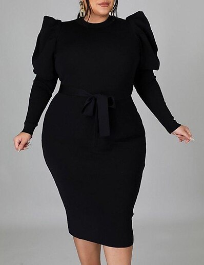 cheap Plus size-Women&#039;s Plus Size Solid Color Sheath Dress Ruched Round Neck Long Sleeve Casual Prom Dress Fall Daily Vacation Midi Dress Dress / Party Dress