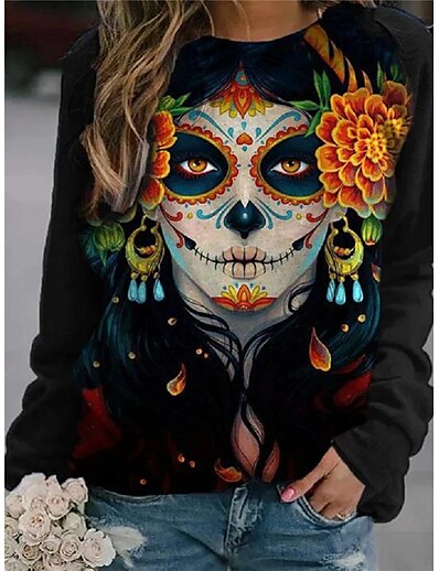 cheap Women&#039;s Tops-Women&#039;s Skull Sweatshirt 3D Print Casual Cotton Hoodies Sweatshirts  Loose Black