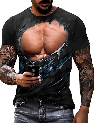 お買い得  男性-男性用 男女兼用 Tシャツ グラフィック 3DマッスルTシャツ 3Dプリント クルーネック 日常 祝日 半袖 プリント トップの カジュアル デザイナー 筋 大きくて背が高い ブラック / 夏