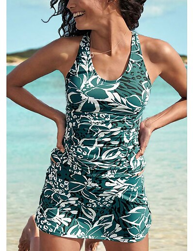 cheap Swimwear-Women&#039;s Swimwear Tankini 2 Piece Normal Swimsuit Floral Open Back Green Scoop Neck Tunic Blouse Bathing Suits Active Casual Sports / Vacation / New / Padded Bras
