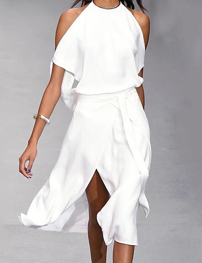 hesapli 2022 Trendleri-Kadın&#039;s Midi Elbise Haljina A kroja Beyaz Siyah Gri Kolsuz Bölünmüş Saf Renk Soğuk omuz Bahar Yaz Kişiselleştirilmiş Şık Zarif 2022 Salaş S M L XL XXL