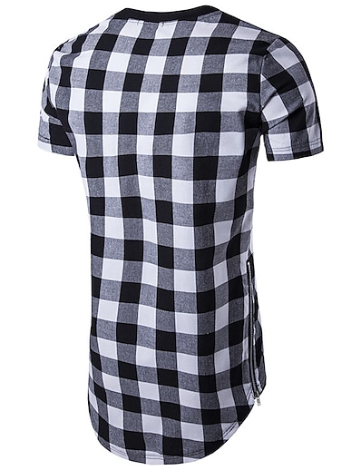 저렴한 남성용 의류-대외 무역 도매 여름 새로운 스타일 남성 패션 캐주얼 밑단 불규칙한 격자 무늬 양면 지퍼 반팔 티셔츠