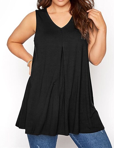 cheap Plus size-Women&#039;s Plus Size Tops T shirt Plain Sleeveless Ruched Streetwear V Neck Polyester Daily Going out Spring Summer White Black