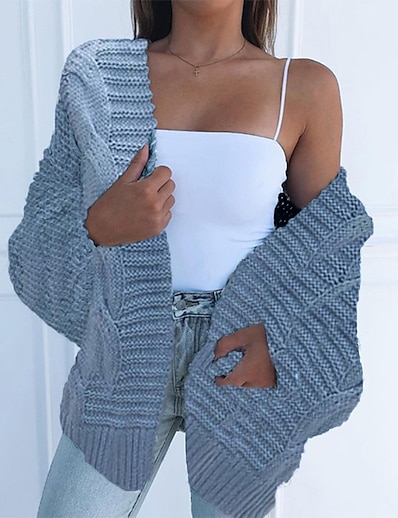 cheap Sweaters &amp; Cardigans-Women&#039;s Cardigan Solid Color Knitted Stylish Basic Casual Long Sleeve Regular Fit Sweater Cardigans Fall Winter Open Front Blue Blushing Pink Black / Chunky / Going out