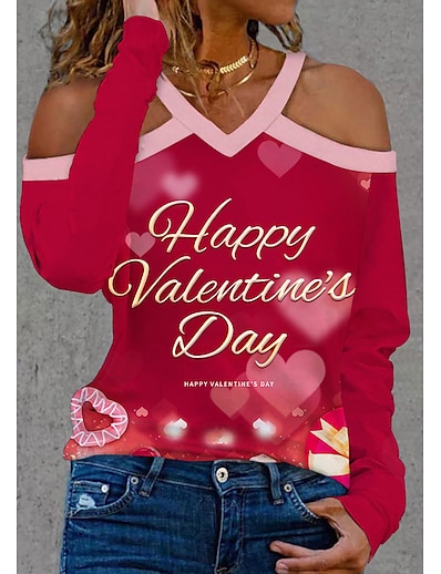 cheap Women&#039;s Tops-Women&#039;s T shirt Valentine&#039;s Day Couple Heart Letter V Neck Cut Out Print Basic Tops Black Purple Pink / 3D Print