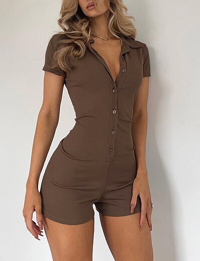 cheap Jumpsuits &amp; Rompers-Women&#039;s Romper Solid Color Button Active Shirt Collar Street Sport Short Sleeve Regular Fit Black Brown S M L Spring