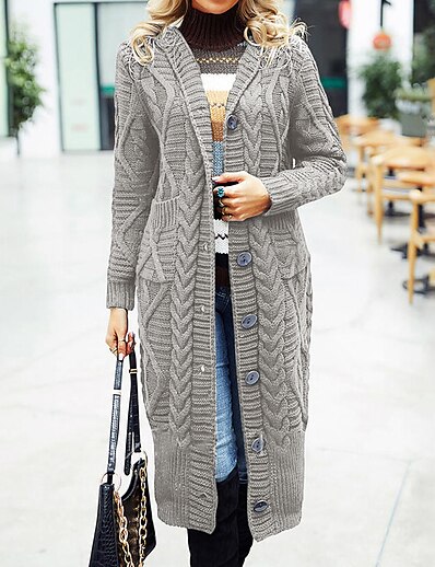 cheap Sweaters &amp; Cardigans-Women&#039;s Cardigan Solid Color Knitted Stylish Basic Casual Long Sleeve Sweater Cardigans Fall Winter Open Front Gray Black / Chunky