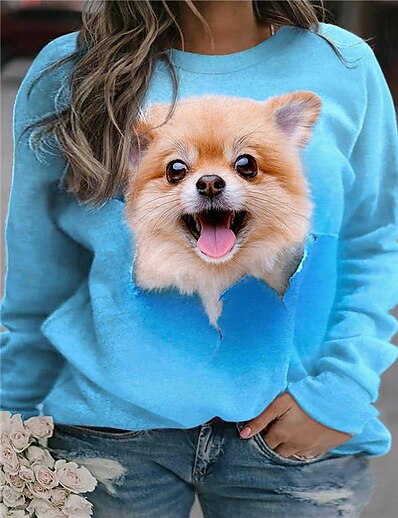 cheap Plus size-Women&#039;s Plus Size Tops T shirt Dog Animal Long Sleeve Print Hoodie Streetwear Crewneck Polyester Daily Going out Fall Winter Blue
