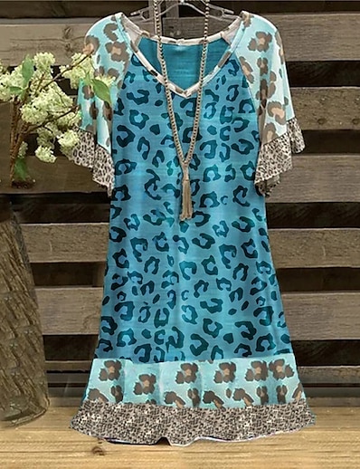 cheap Plus size-Women&#039;s Plus Size Leopard T Shirt Dress Tee Dress Print V Neck Short Sleeve Casual Summer Causal Daily Knee Length Dress Dress