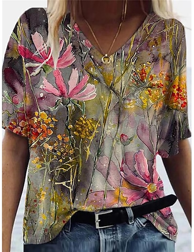 cheap Tees &amp; T Shirts-Women&#039;s Casual Daily T shirt Tee Floral Short Sleeve Floral Plants V Neck Print Basic Tops Rainbow S / 3D Print