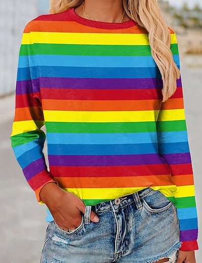 cheap Women&#039;s Tops-Women&#039;s Holiday Weekend T shirt Tee Abstract 3D Printed Painting Long Sleeve Rainbow Striped 3D Round Neck Print Basic Tops Blue Red S