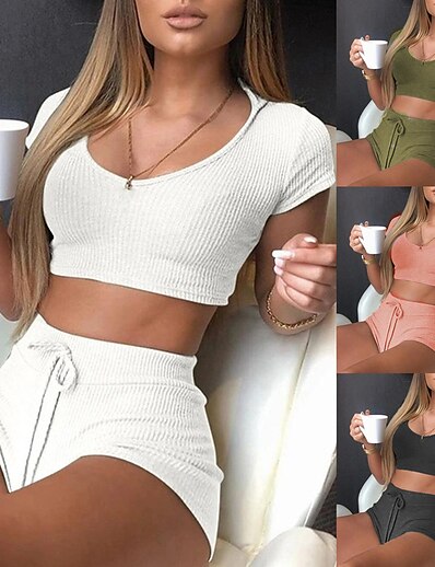 cheap Exercise, Fitness &amp; Yoga Clothing-Women&#039;s Activewear Set Yoga Suit 2pcs 2 Piece Cropped Summer Shorts Crop Top Clothing Suit Solid Color White Black Yoga Fitness Gym Workout Breathable Quick Dry Moisture Wicking Short Sleeve Sport