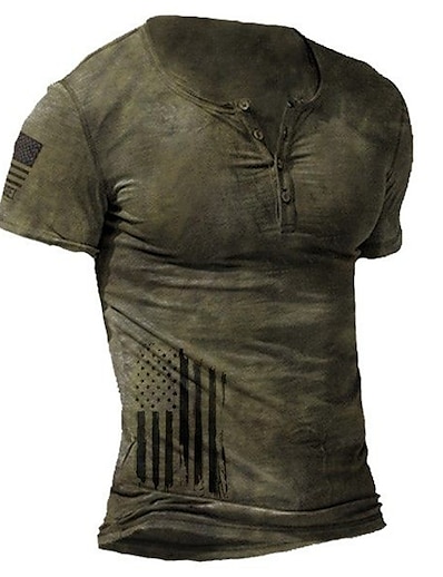 cheap Men&#039;s Tops-Men&#039;s T shirt Tee Graphic Prints American Flag 3D Print Henley Plus Size Casual Daily Short Sleeve Button-Down Tops Vintage Designer Green Gray Red / Summer
