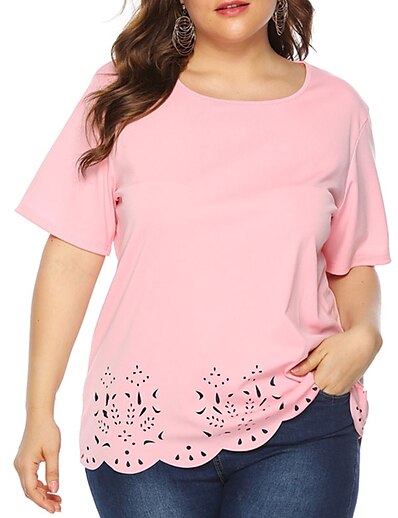 cheap Plus size-Women&#039;s Plus Size Tops T shirt Plain Short Sleeve Streetwear Crewneck Polyester Daily Weekend Spring Summer Pink