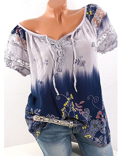 cheap Women&#039;s Tops-Women&#039;s Blouse Shirt Floral Theme Floral Color Gradient V Neck Lace up Print Casual Streetwear Tops Green White Gray / 3D Print