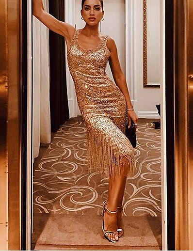 cheap Dresses-Women&#039;s Midi Dress A Line Dress Gold Sleeveless Sequins Tassel Fringe Solid Color Round Neck Fall Winter Elegant 2022 S M L XL / Party Dress