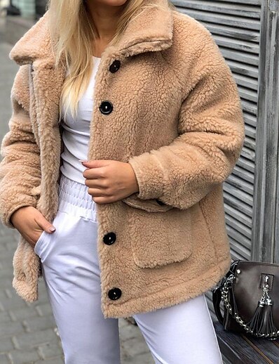 cheap Women&#039;s Outerwear-Women&#039;s Teddy Coat Spring Summer Street Daily Going out Regular Coat Warm Breathable Regular Fit Streetwear Cute Jacket Long Sleeve Pocket Solid Color White Black Khaki
