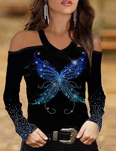 cheap Women&#039;s Tops-Women&#039;s T shirt Butterfly Painting Butterfly Sparkly Glittery V Neck Cut Out Print Basic Tops Green Blue White / 3D Print