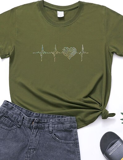 cheap Women&#039;s Tops-Women&#039;s T shirt Valentine&#039;s Day Painting Couple Heart Round Neck Print Basic Tops Green Wine Army Green